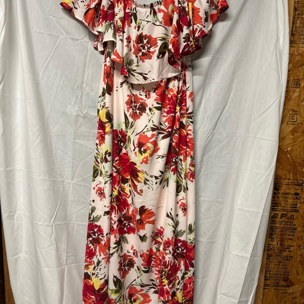 Roaman's Red and Pink Ruffled Wrap Maxi Dress